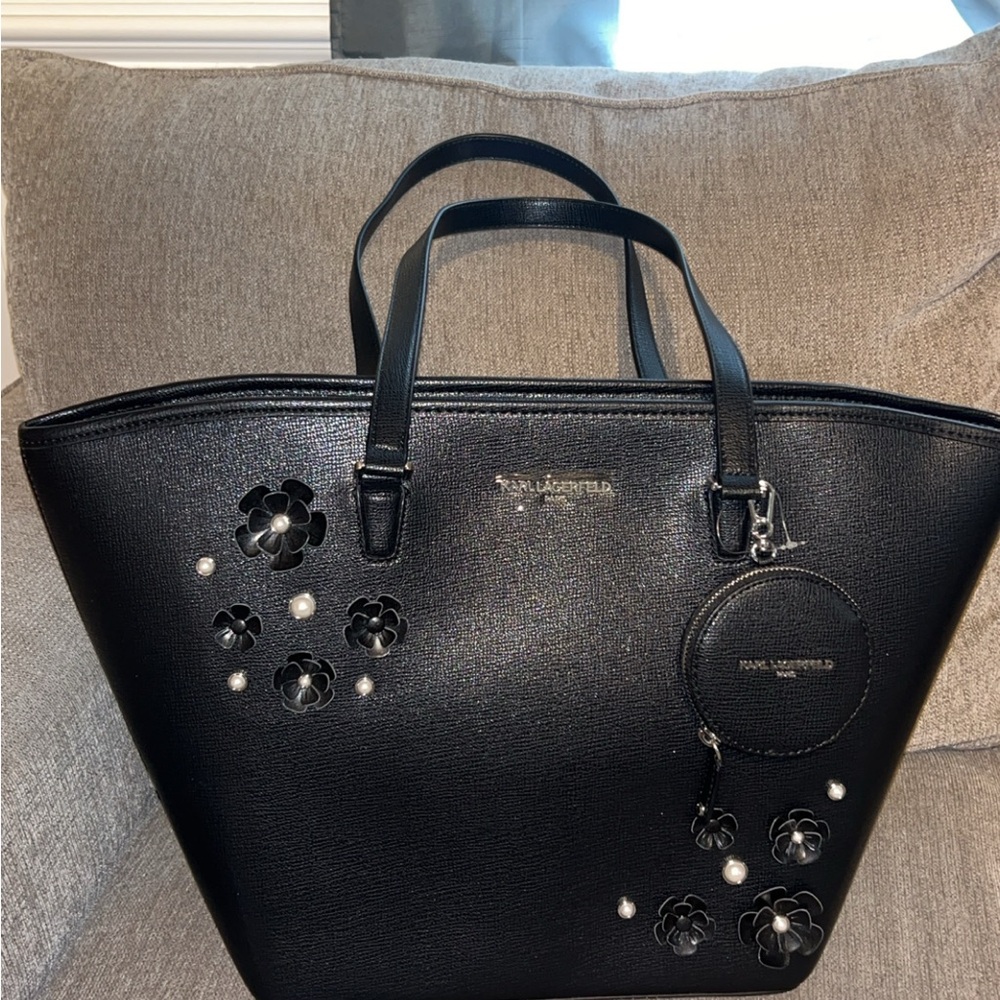 Karl Lagerfeld Black Tote with Floral Accents